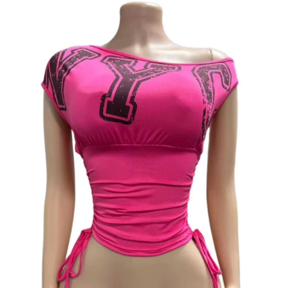 HLJ&GG Fashion Y2K Letter Print One Shoulder Two Piece Set Women Side Drawstring Ruched Top And Hollow Bandage Shorts Streetwear