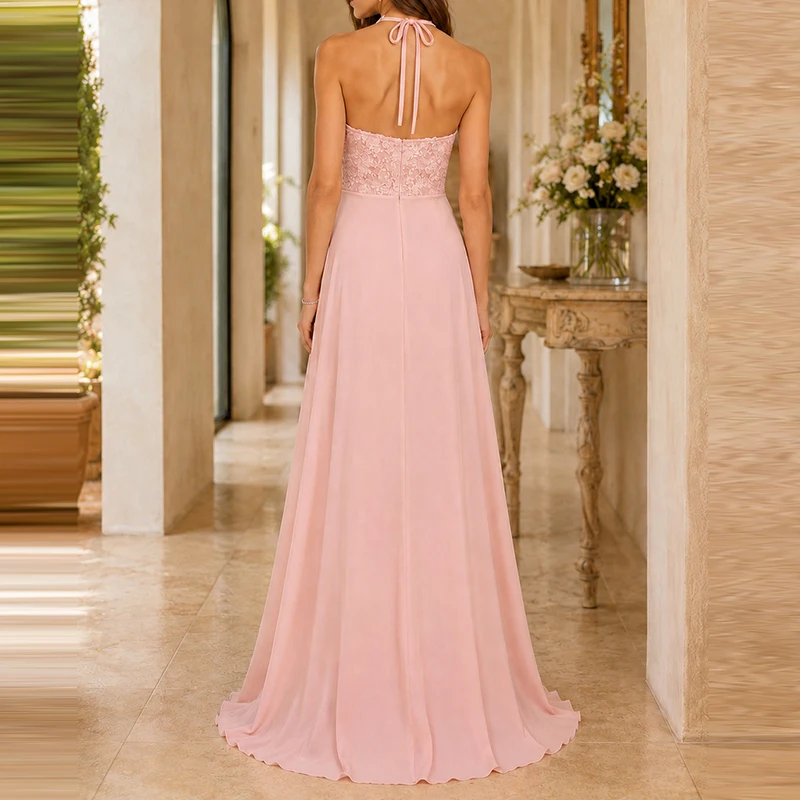 Temperament High Waist Side Slit Dress Casual Solid Sleeveless Party Evening Dress Sexy Hang Neck Off Shoulder Lace Splice Dress