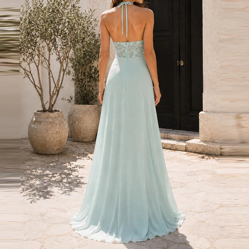 Temperament High Waist Side Slit Dress Casual Solid Sleeveless Party Evening Dress Sexy Hang Neck Off Shoulder Lace Splice Dress