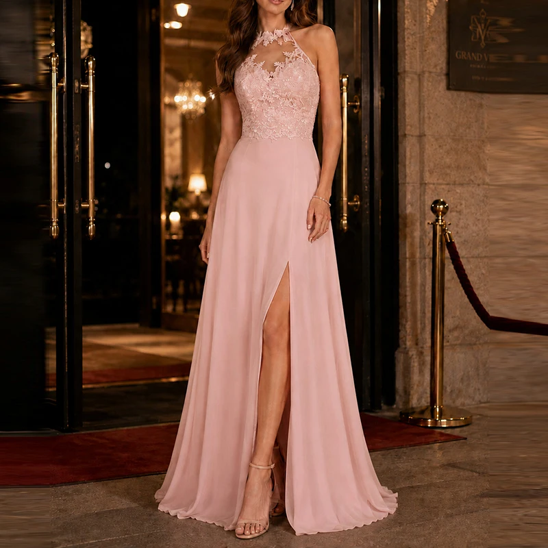Temperament High Waist Side Slit Dress Casual Solid Sleeveless Party Evening Dress Sexy Hang Neck Off Shoulder Lace Splice Dress
