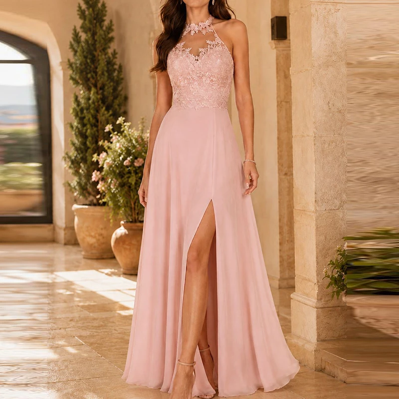 Temperament High Waist Side Slit Dress Casual Solid Sleeveless Party Evening Dress Sexy Hang Neck Off Shoulder Lace Splice Dress