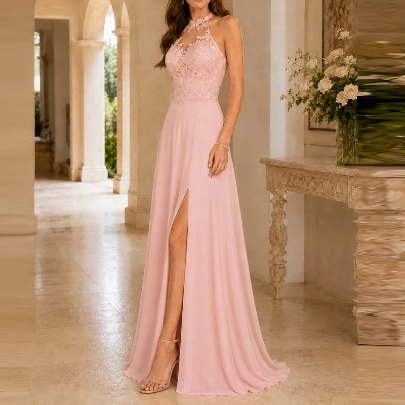 Temperament High Waist Side Slit Dress Casual Solid Sleeveless Party Evening Dress Sexy Hang Neck Off Shoulder Lace Splice Dress