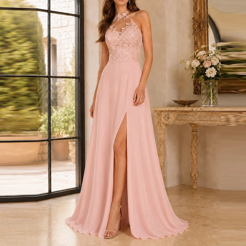 Temperament High Waist Side Slit Dress Casual Solid Sleeveless Party Evening Dress Sexy Hang Neck Off Shoulder Lace Splice Dress