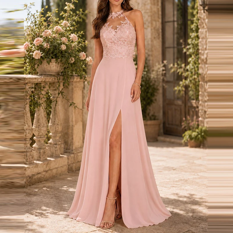 Temperament High Waist Side Slit Dress Casual Solid Sleeveless Party Evening Dress Sexy Hang Neck Off Shoulder Lace Splice Dress
