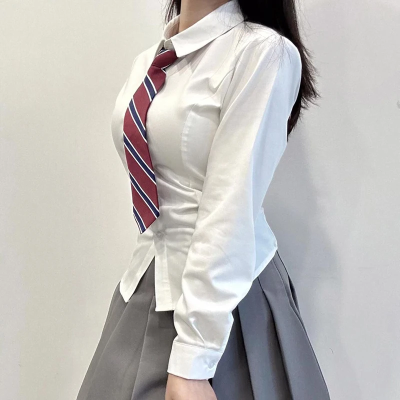 Preppy Bandage Basic White Shirt Women 2026 Y2K Long Sleeve Slim Fit Shirts Woman Harajuku Turn Down Collar Cropped Shirt Mujer