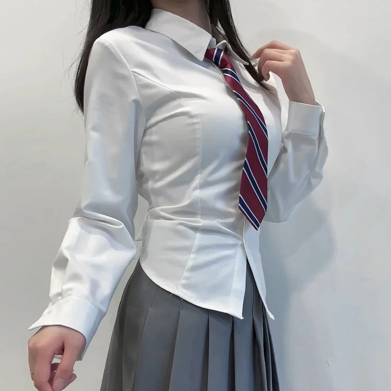 Preppy Bandage Basic White Shirt Women 2026 Y2K Long Sleeve Slim Fit Shirts Woman Harajuku Turn Down Collar Cropped Shirt Mujer
