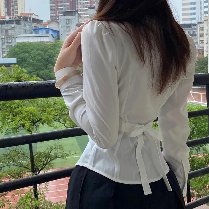 Preppy Bandage Basic White Shirt Women 2026 Y2K Long Sleeve Slim Fit Shirts Woman Harajuku Turn Down Collar Cropped Shirt Mujer