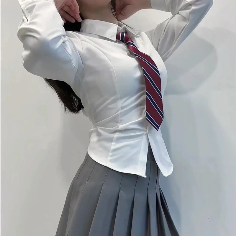 Preppy Bandage Basic White Shirt Women 2026 Y2K Long Sleeve Slim Fit Shirts Woman Harajuku Turn Down Collar Cropped Shirt Mujer