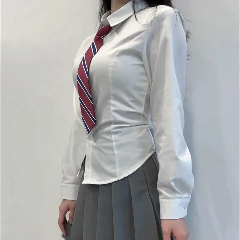 Preppy Bandage Basic White Shirt Women 2026 Y2K Long Sleeve Slim Fit Shirts Woman Harajuku Turn Down Collar Cropped Shirt Mujer