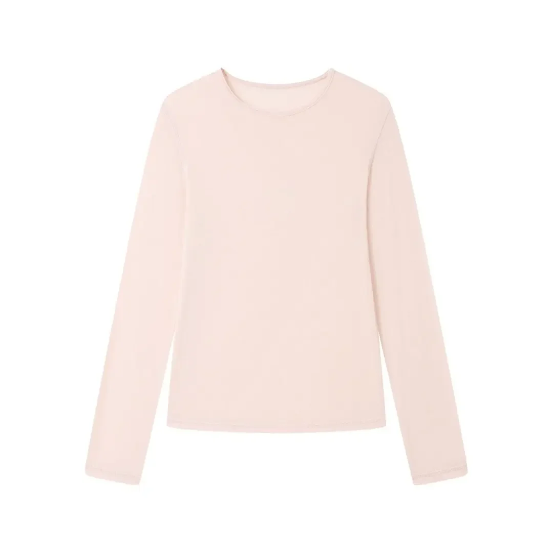 Silk Wool Blend O Neck Long Sleeve Tee for Women Pink Thin Casual Summer Top