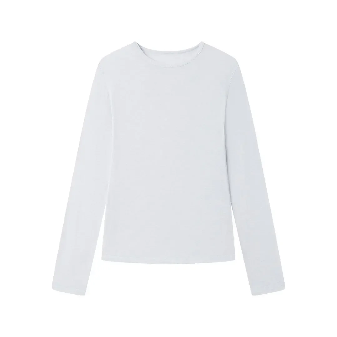 Silk Wool Blend O Neck Long Sleeve Tee for Women Pink Thin Casual Summer Top