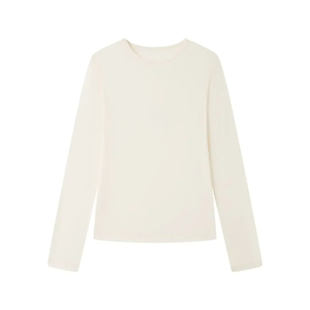 Silk Wool Blend O Neck Long Sleeve Tee for Women Pink Thin Casual Summer Top
