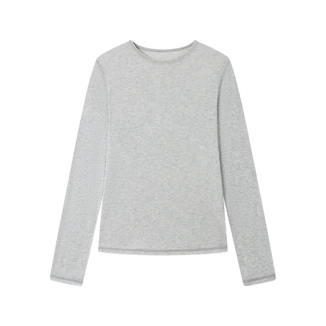 Silk Wool Blend O Neck Long Sleeve Tee for Women Pink Thin Casual Summer Top