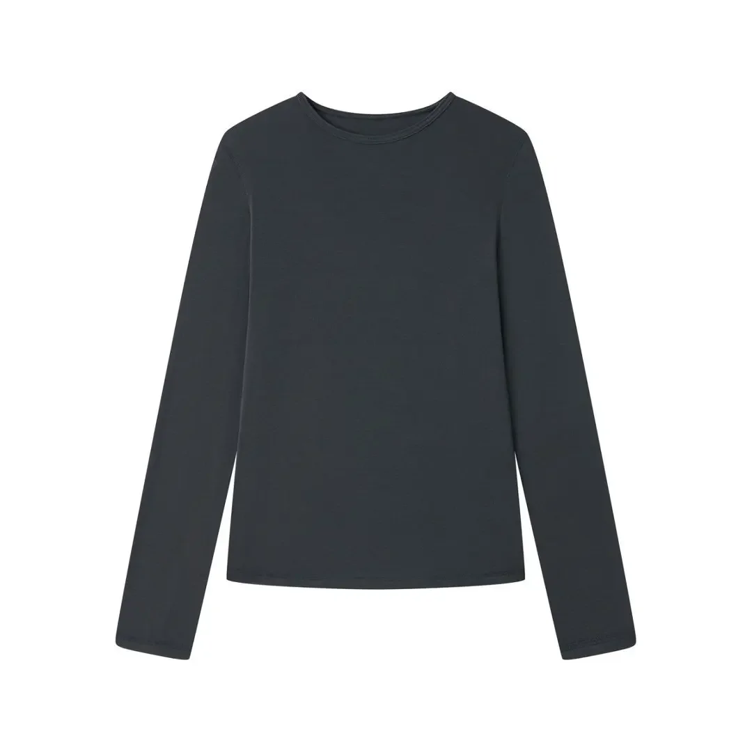 Silk Wool Blend O Neck Long Sleeve Tee for Women Pink Thin Casual Summer Top