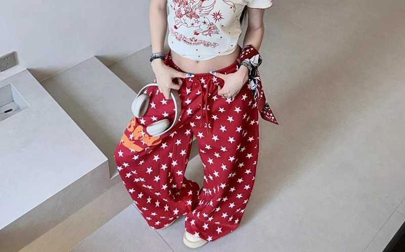 American Retro Stars Pant Women Fall Loose High Waist Preppy Style Red Trousers Casual Lace Up Bf Letter Pockets Vintage Pants