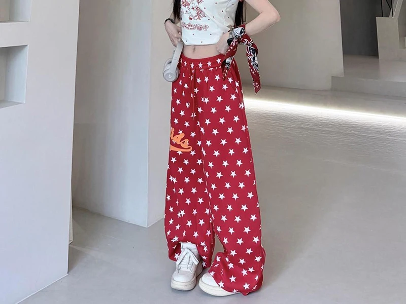 American Retro Stars Pant Women Fall Loose High Waist Preppy Style Red Trousers Casual Lace Up Bf Letter Pockets Vintage Pants