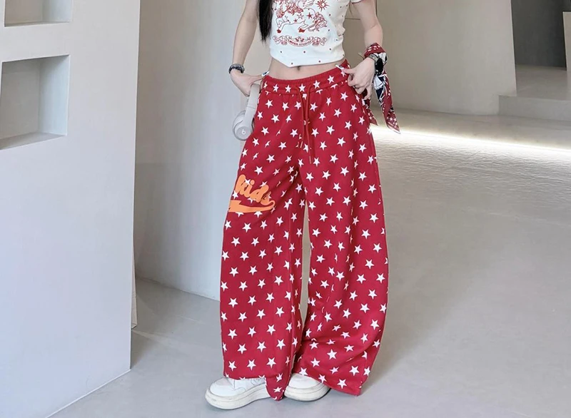 American Retro Stars Pant Women Fall Loose High Waist Preppy Style Red Trousers Casual Lace Up Bf Letter Pockets Vintage Pants
