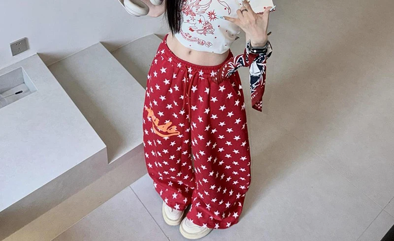 American Retro Stars Pant Women Fall Loose High Waist Preppy Style Red Trousers Casual Lace Up Bf Letter Pockets Vintage Pants