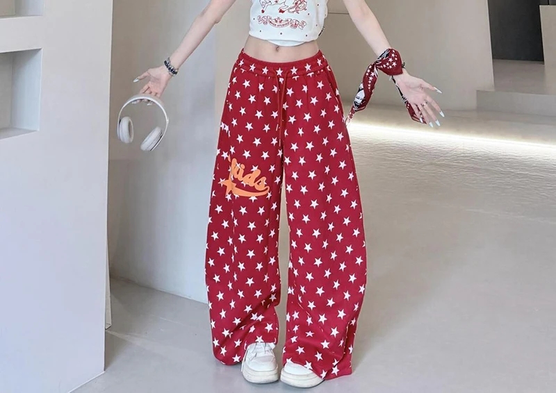 American Retro Stars Pant Women Fall Loose High Waist Preppy Style Red Trousers Casual Lace Up Bf Letter Pockets Vintage Pants