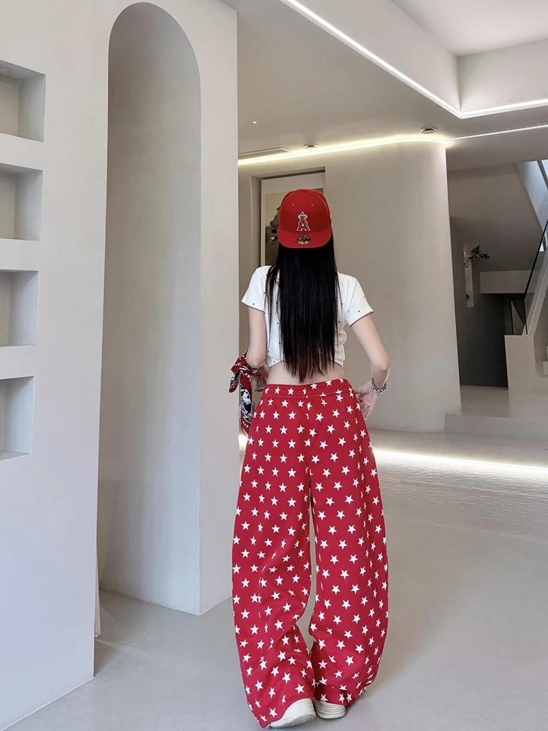American Retro Stars Pant Women Fall Loose High Waist Preppy Style Red Trousers Casual Lace Up Bf Letter Pockets Vintage Pants