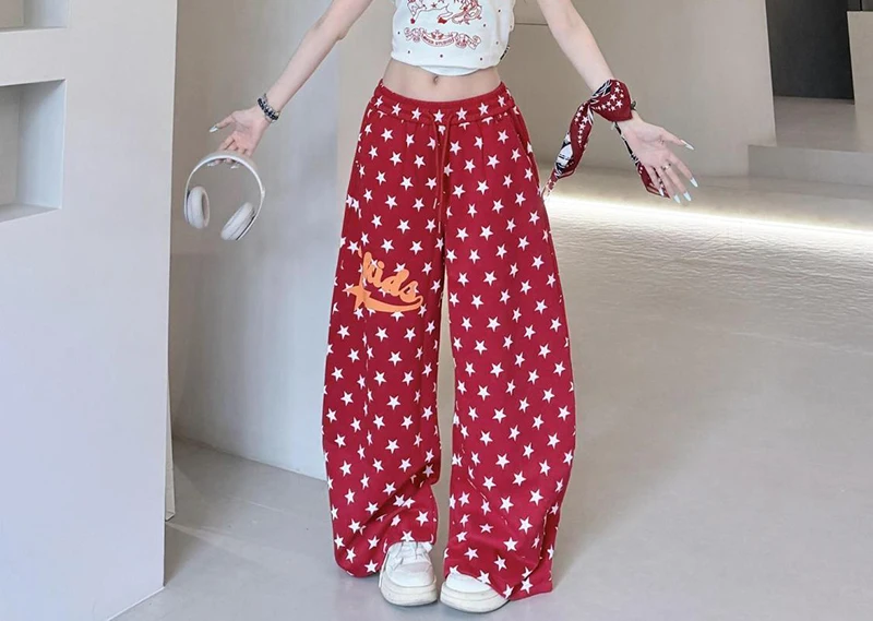 American Retro Stars Pant Women Fall Loose High Waist Preppy Style Red Trousers Casual Lace Up Bf Letter Pockets Vintage Pants