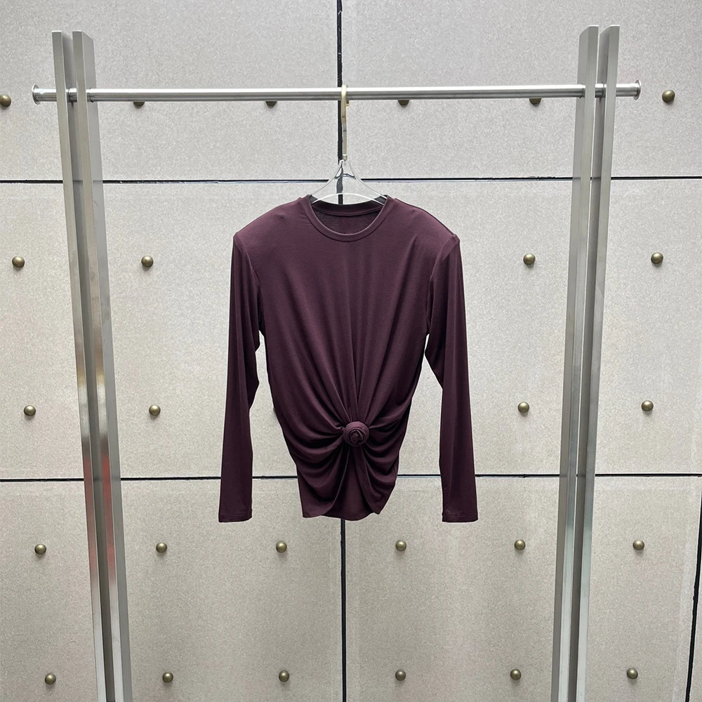 Ladies Cotton‑blend Long Sleeve Tee Crew Neck Front Twisted Knot Ruched Slim Fashion Cropped T‑Shirt Women Casual Daily Tops