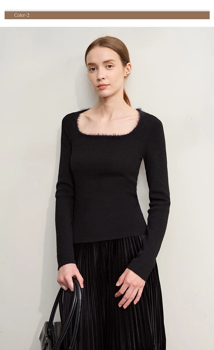 Amii Sweater For Woman 2026 Winter New Modern Retro Square Collar Sweater Slim Solid Versatile Women's Long Sleeve Top 12544142