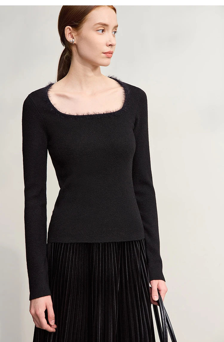 Amii Sweater For Woman 2026 Winter New Modern Retro Square Collar Sweater Slim Solid Versatile Women's Long Sleeve Top 12544142
