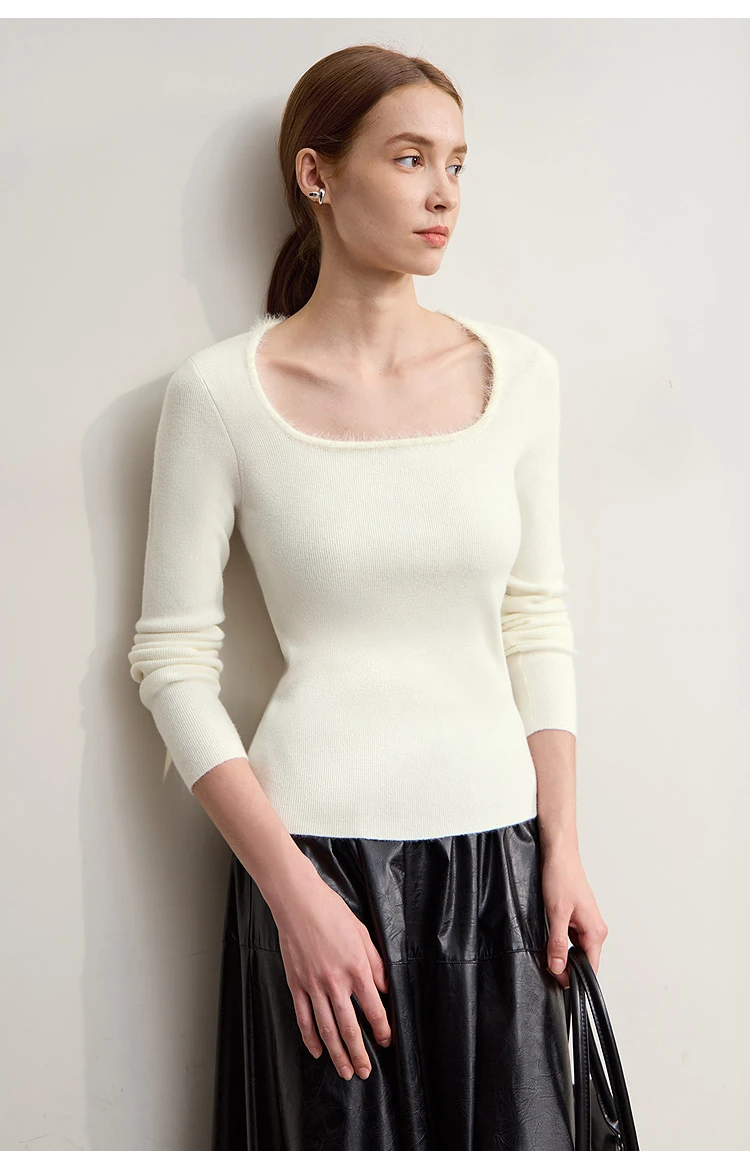 Amii Sweater For Woman 2026 Winter New Modern Retro Square Collar Sweater Slim Solid Versatile Women's Long Sleeve Top 12544142