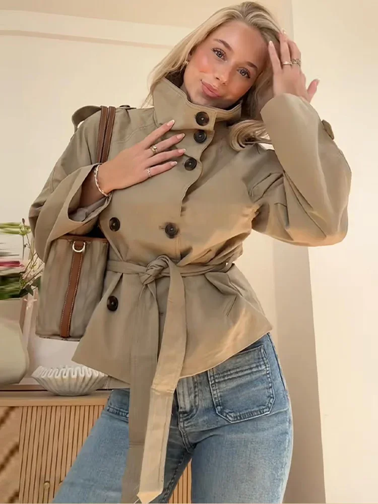 Khaki Belted Wasit Cropped Trench Coat Women's Stand Collar Double-breasted Jacket Autumn Spring Clothing Outwear Green Burgundy