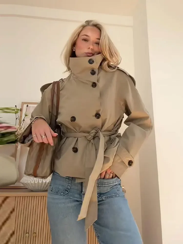 Khaki Belted Wasit Cropped Trench Coat Women's Stand Collar Double-breasted Jacket Autumn Spring Clothing Outwear Green Burgundy