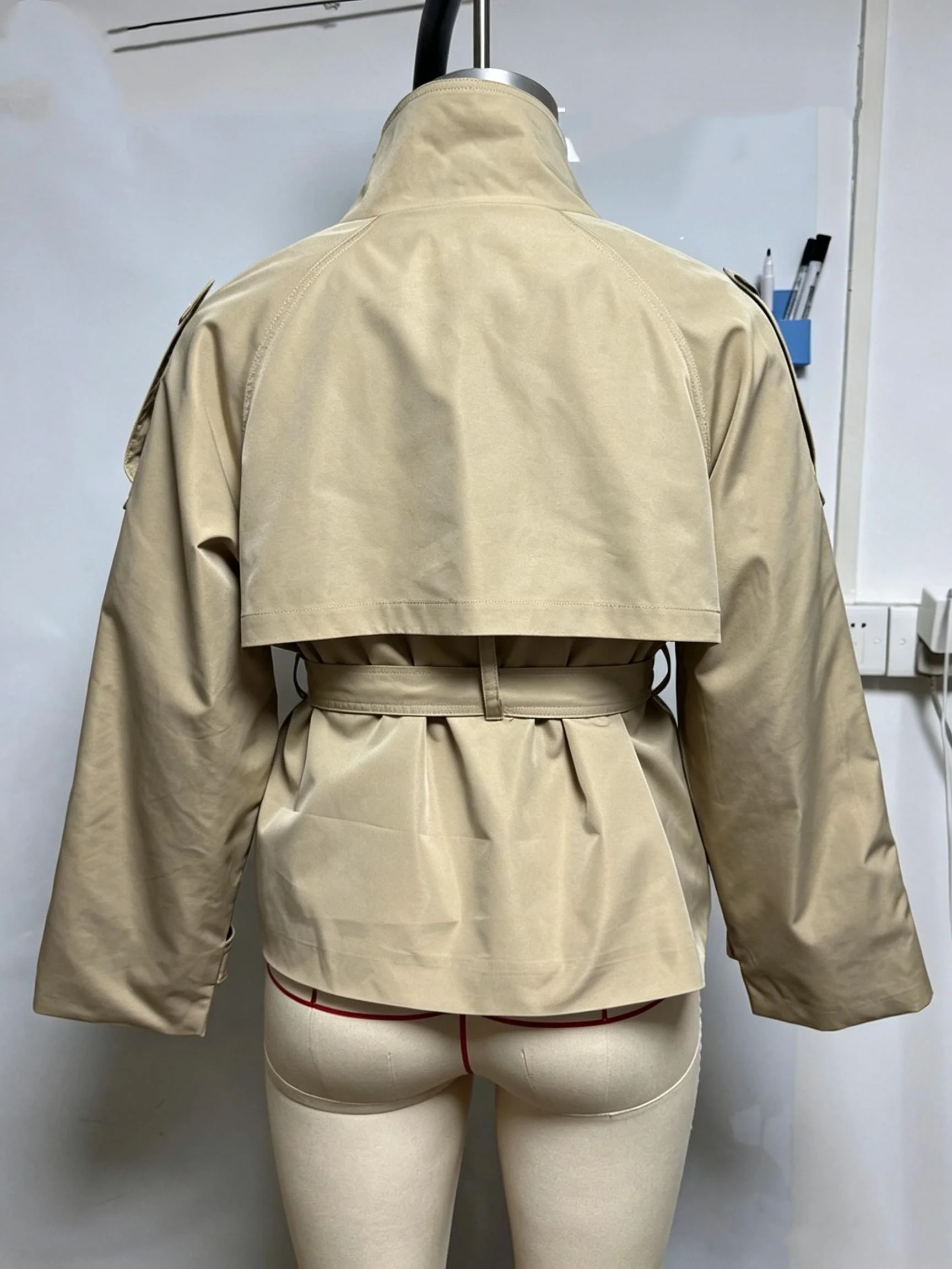 Khaki Belted Wasit Cropped Trench Coat Women's Stand Collar Double-breasted Jacket Autumn Spring Clothing Outwear Green Burgundy