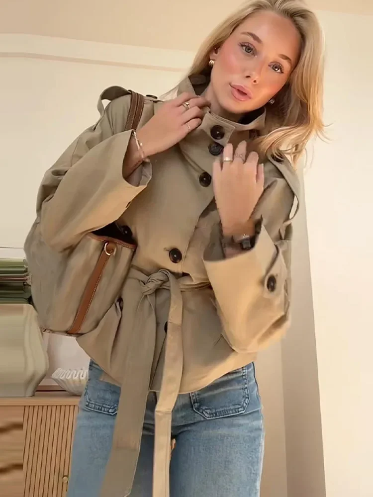 Khaki Belted Wasit Cropped Trench Coat Women's Stand Collar Double-breasted Jacket Autumn Spring Clothing Outwear Green Burgundy