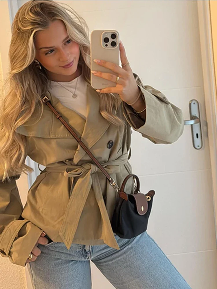 Khaki Belted Wasit Cropped Trench Coat Women's Stand Collar Double-breasted Jacket Autumn Spring Clothing Outwear Green Burgundy