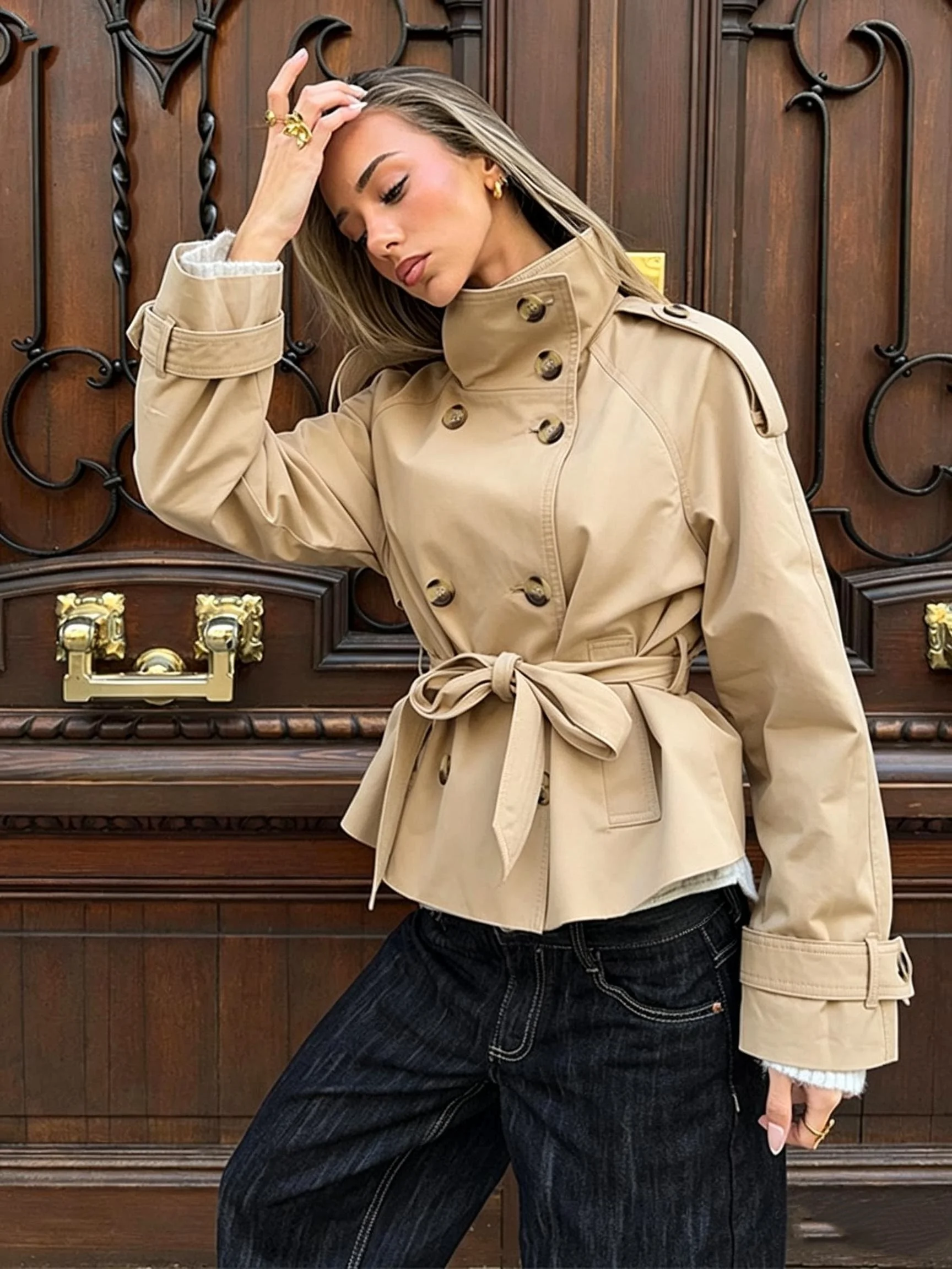 Khaki Belted Wasit Cropped Trench Coat Women's Stand Collar Double-breasted Jacket Autumn Spring Clothing Outwear Green Burgundy