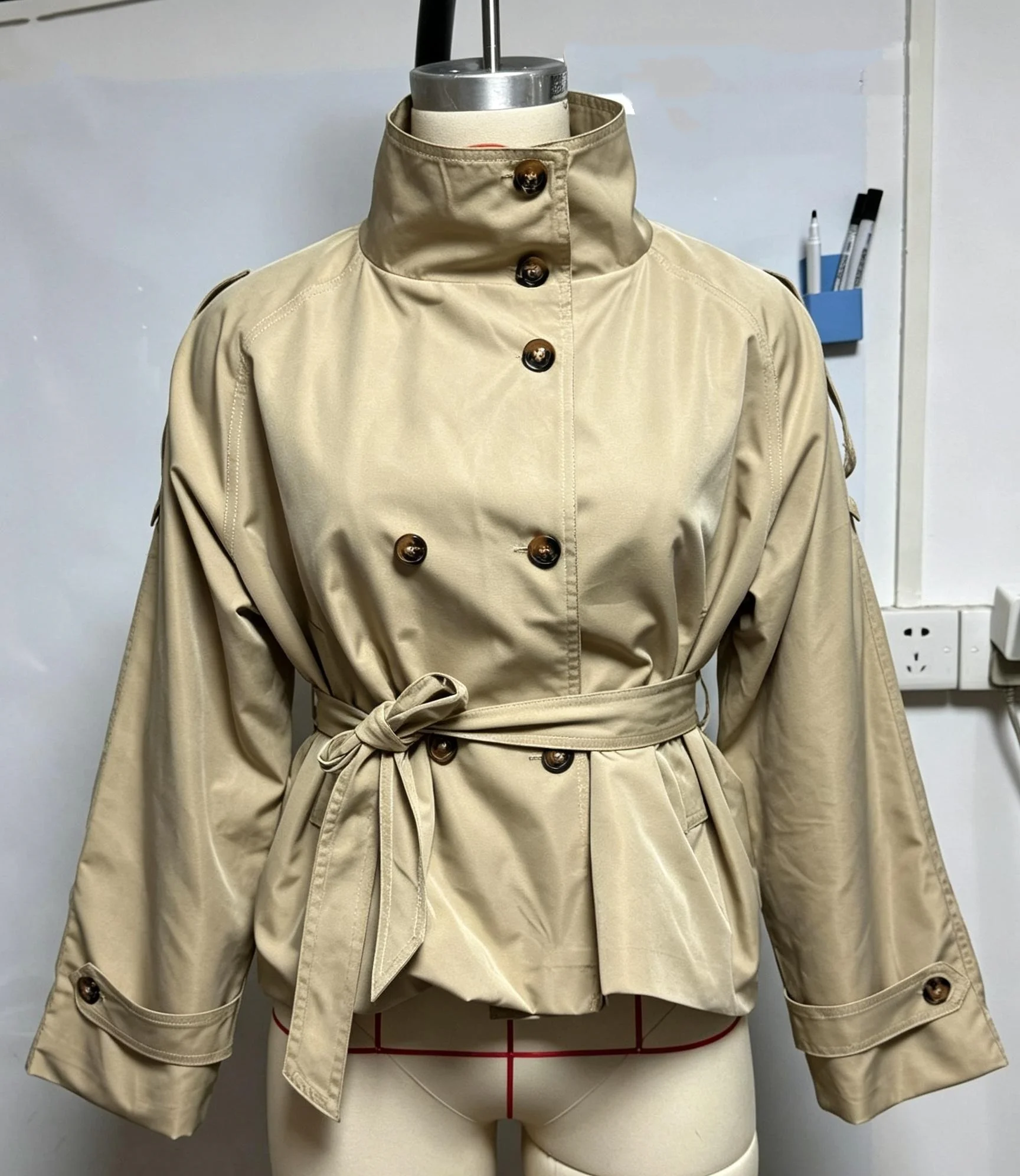 Khaki Belted Wasit Cropped Trench Coat Women's Stand Collar Double-breasted Jacket Autumn Spring Clothing Outwear Green Burgundy