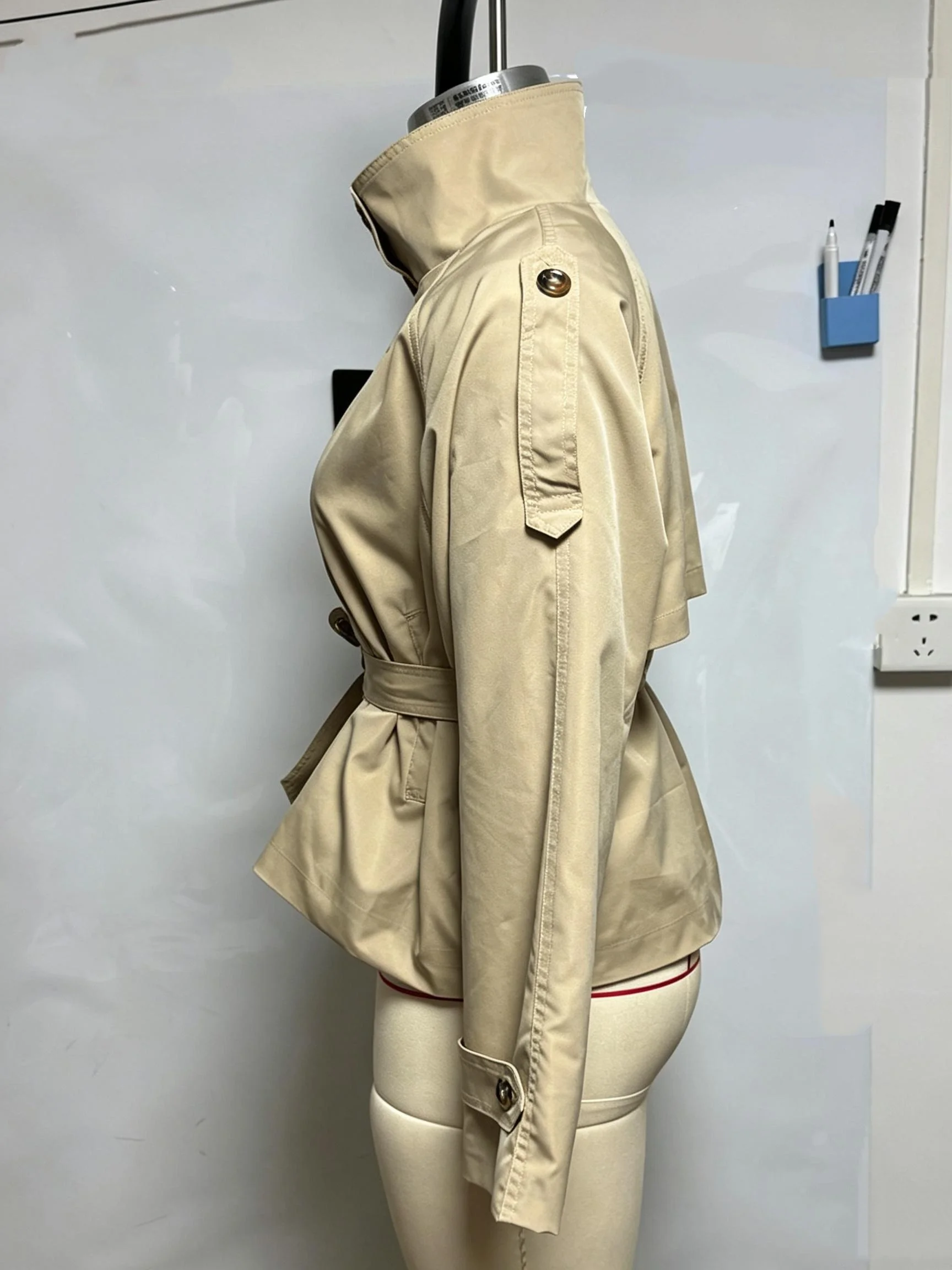 Khaki Belted Wasit Cropped Trench Coat Women's Stand Collar Double-breasted Jacket Autumn Spring Clothing Outwear Green Burgundy