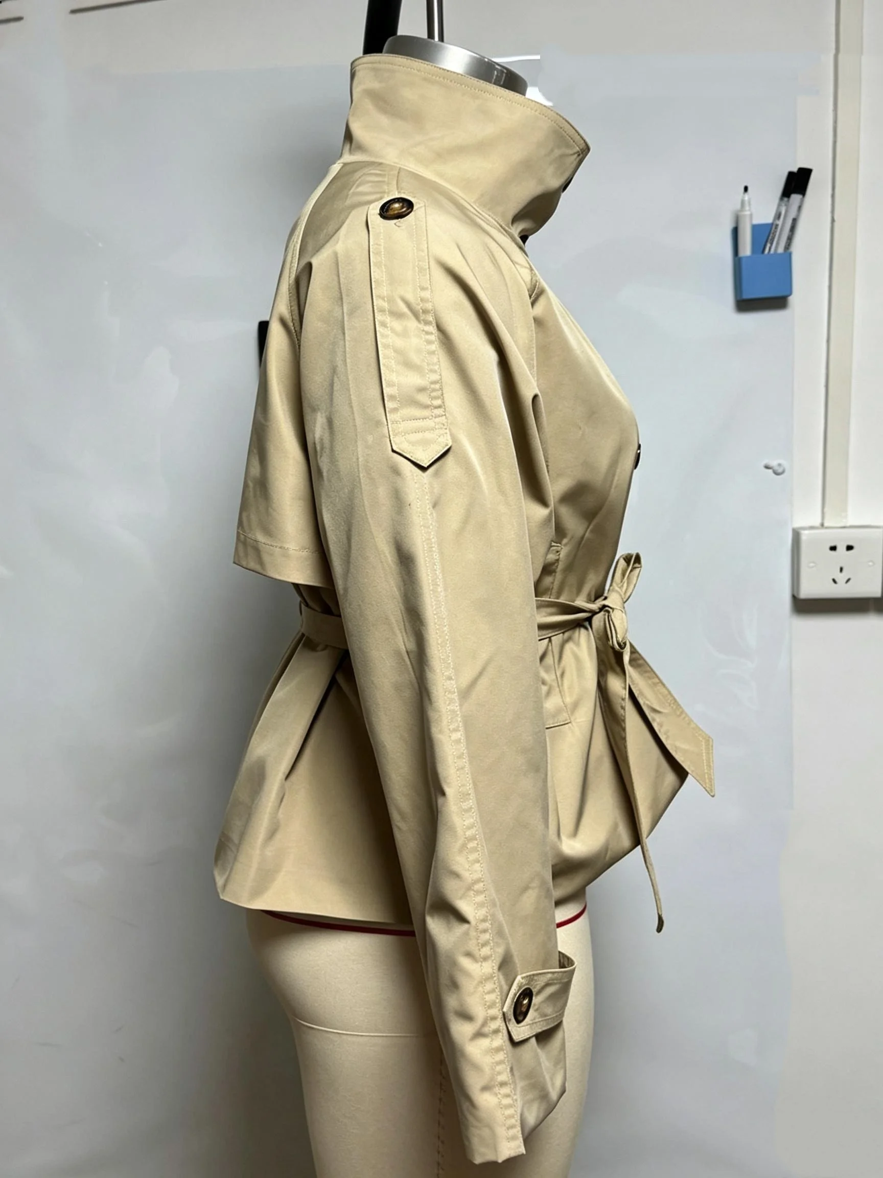 Khaki Belted Wasit Cropped Trench Coat Women's Stand Collar Double-breasted Jacket Autumn Spring Clothing Outwear Green Burgundy