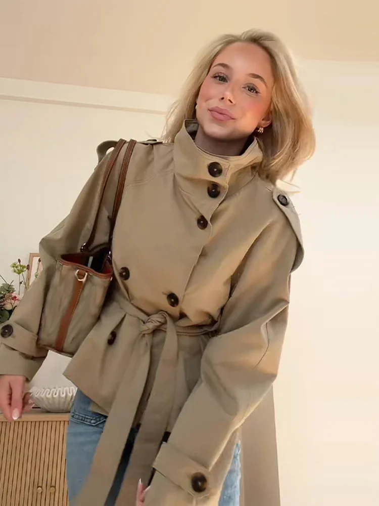 Khaki Belted Wasit Cropped Trench Coat Women's Stand Collar Double-breasted Jacket Autumn Spring Clothing Outwear Green Burgundy