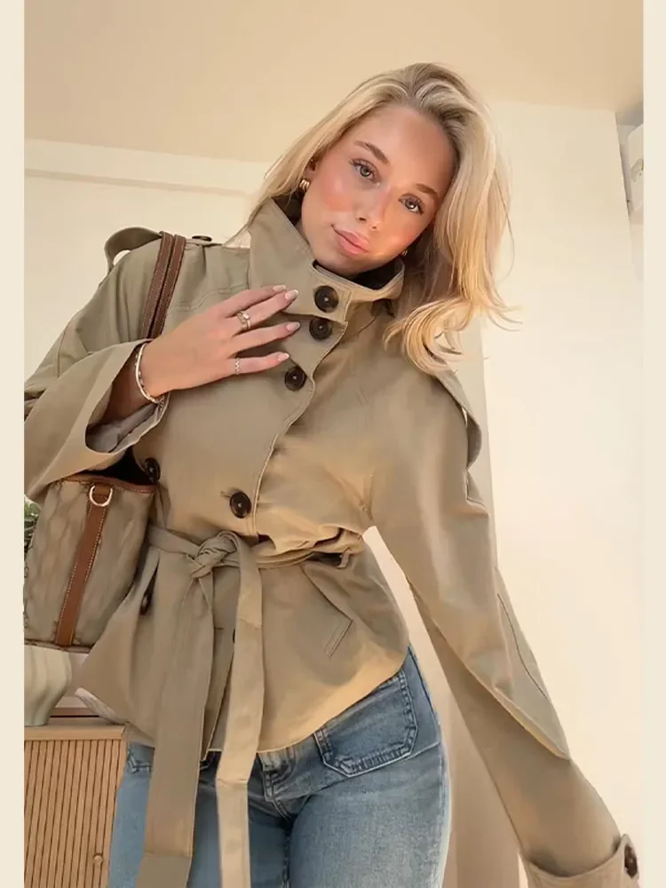 Khaki Belted Wasit Cropped Trench Coat Women's Stand Collar Double-breasted Jacket Autumn Spring Clothing Outwear Green Burgundy