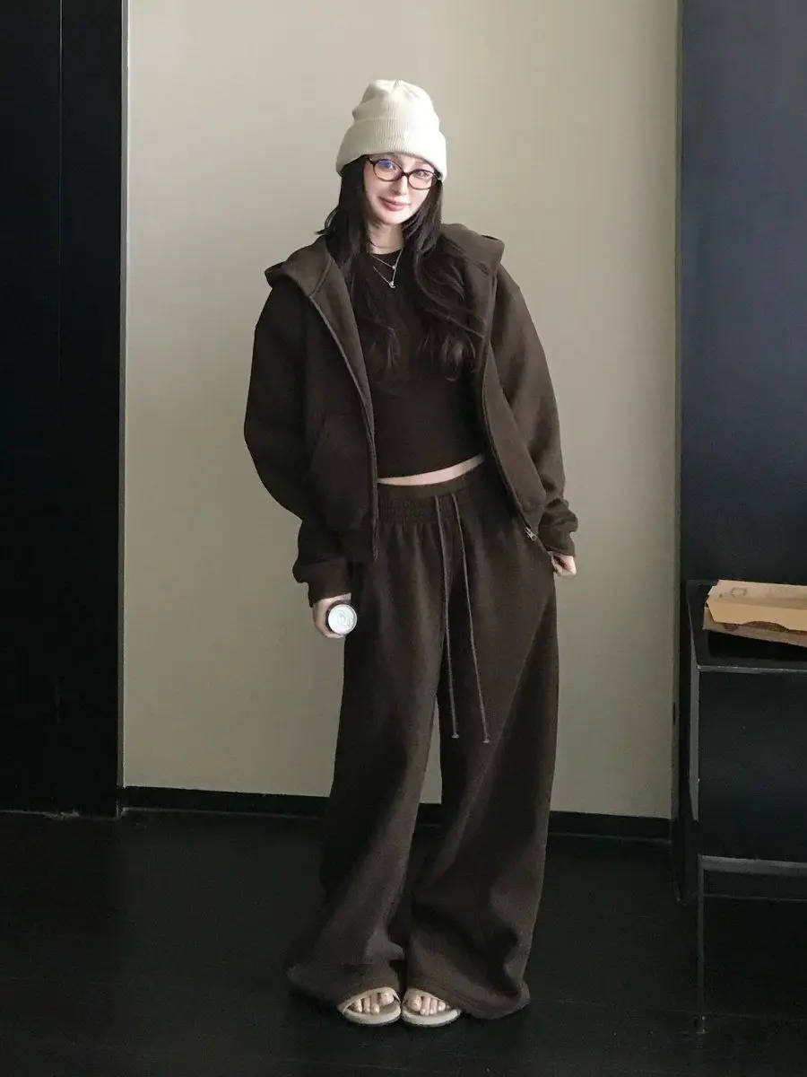 American Casual Relaxation Sweater Set Women's Autumn Loose Retro Sports Hooded Jacket Wide-leg Pants Two-piece Set