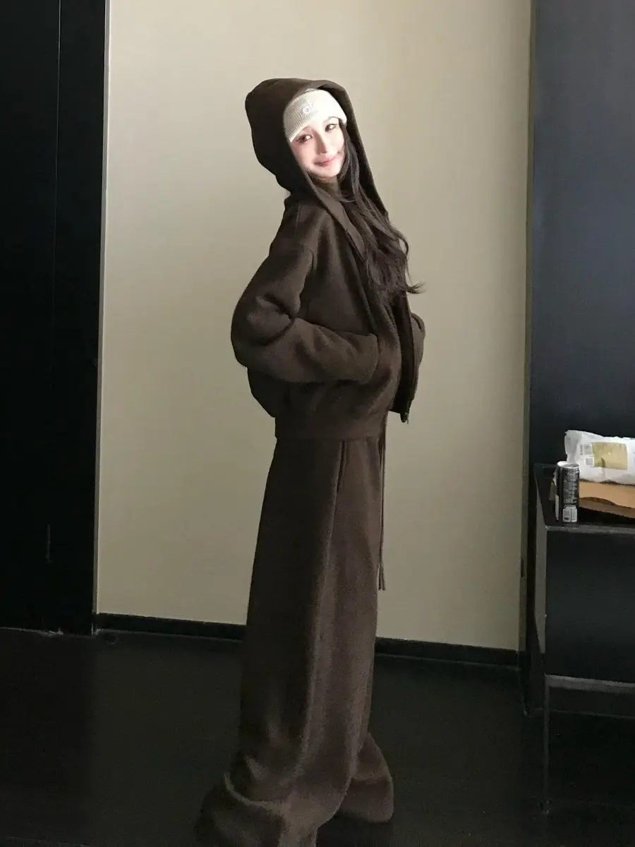 American Casual Relaxation Sweater Set Women's Autumn Loose Retro Sports Hooded Jacket Wide-leg Pants Two-piece Set