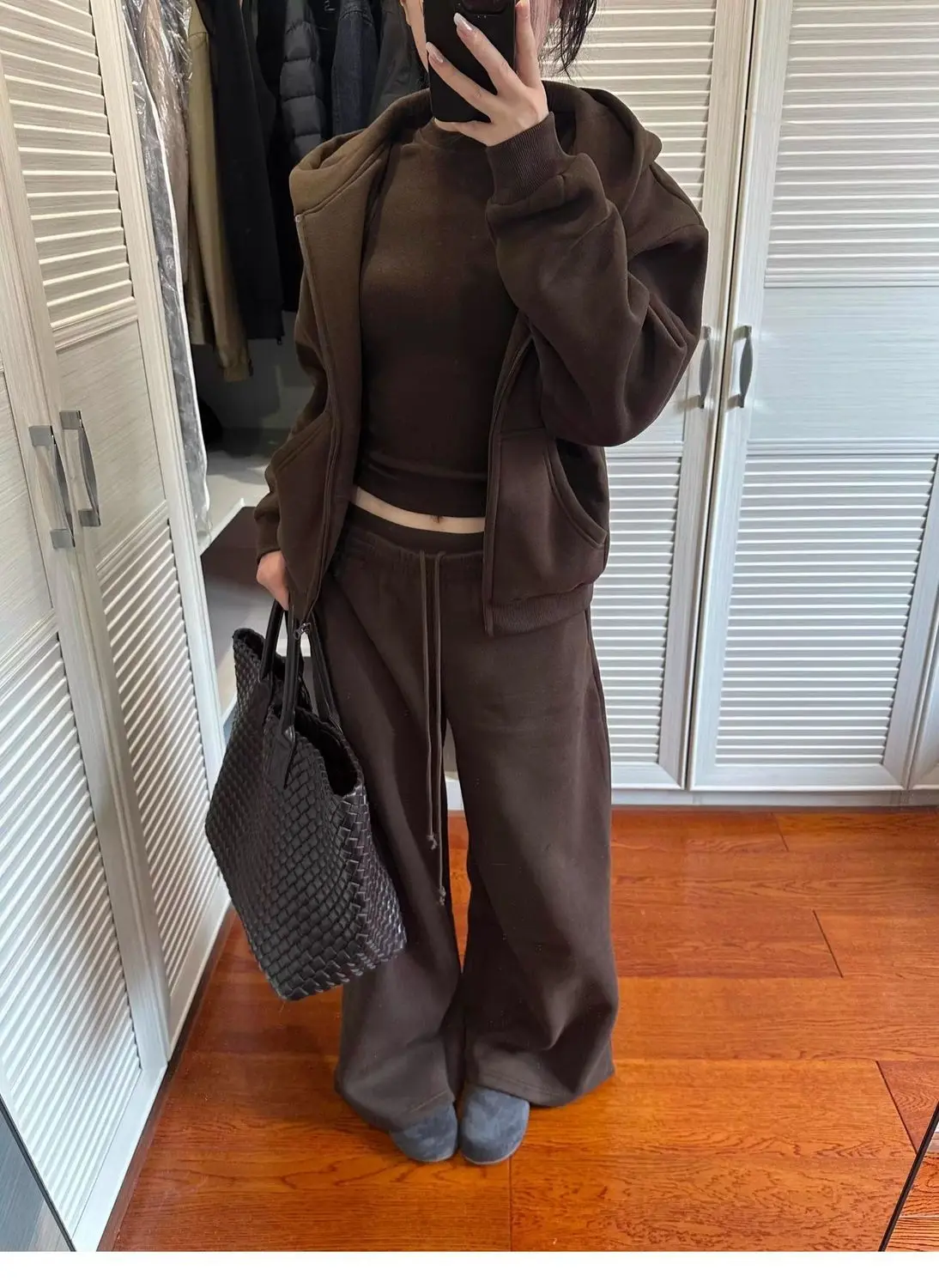 American Casual Relaxation Sweater Set Women's Autumn Loose Retro Sports Hooded Jacket Wide-leg Pants Two-piece Set