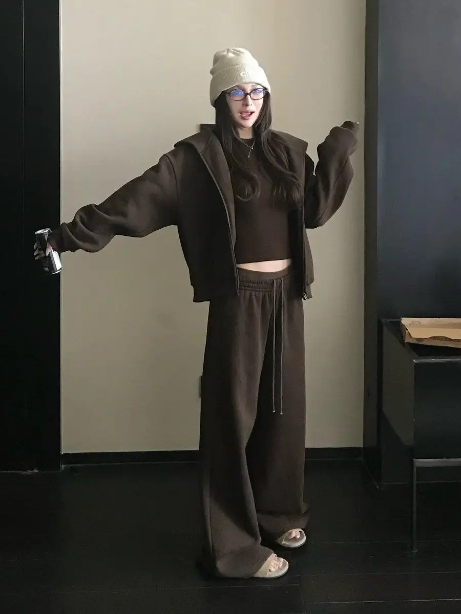 American Casual Relaxation Sweater Set Women's Autumn Loose Retro Sports Hooded Jacket Wide-leg Pants Two-piece Set