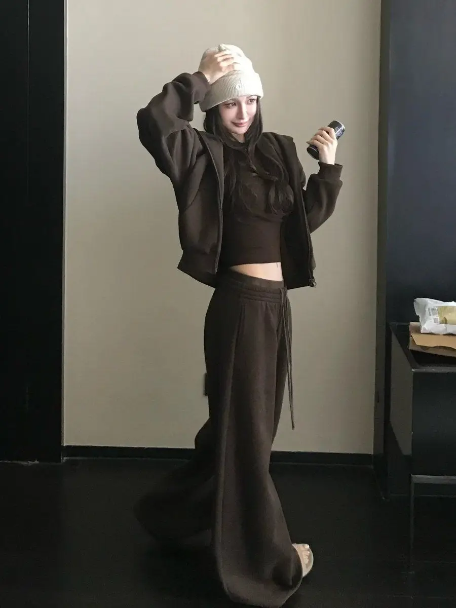 American Casual Relaxation Sweater Set Women's Autumn Loose Retro Sports Hooded Jacket Wide-leg Pants Two-piece Set