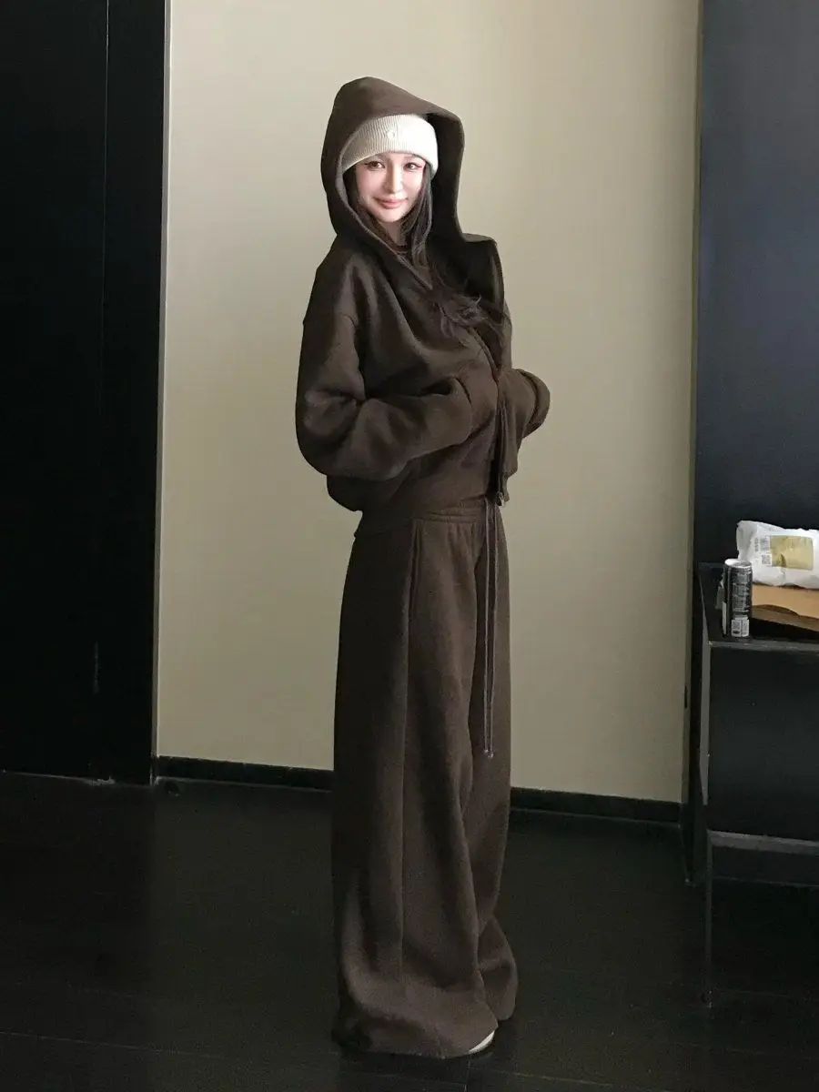 American Casual Relaxation Sweater Set Women's Autumn Loose Retro Sports Hooded Jacket Wide-leg Pants Two-piece Set