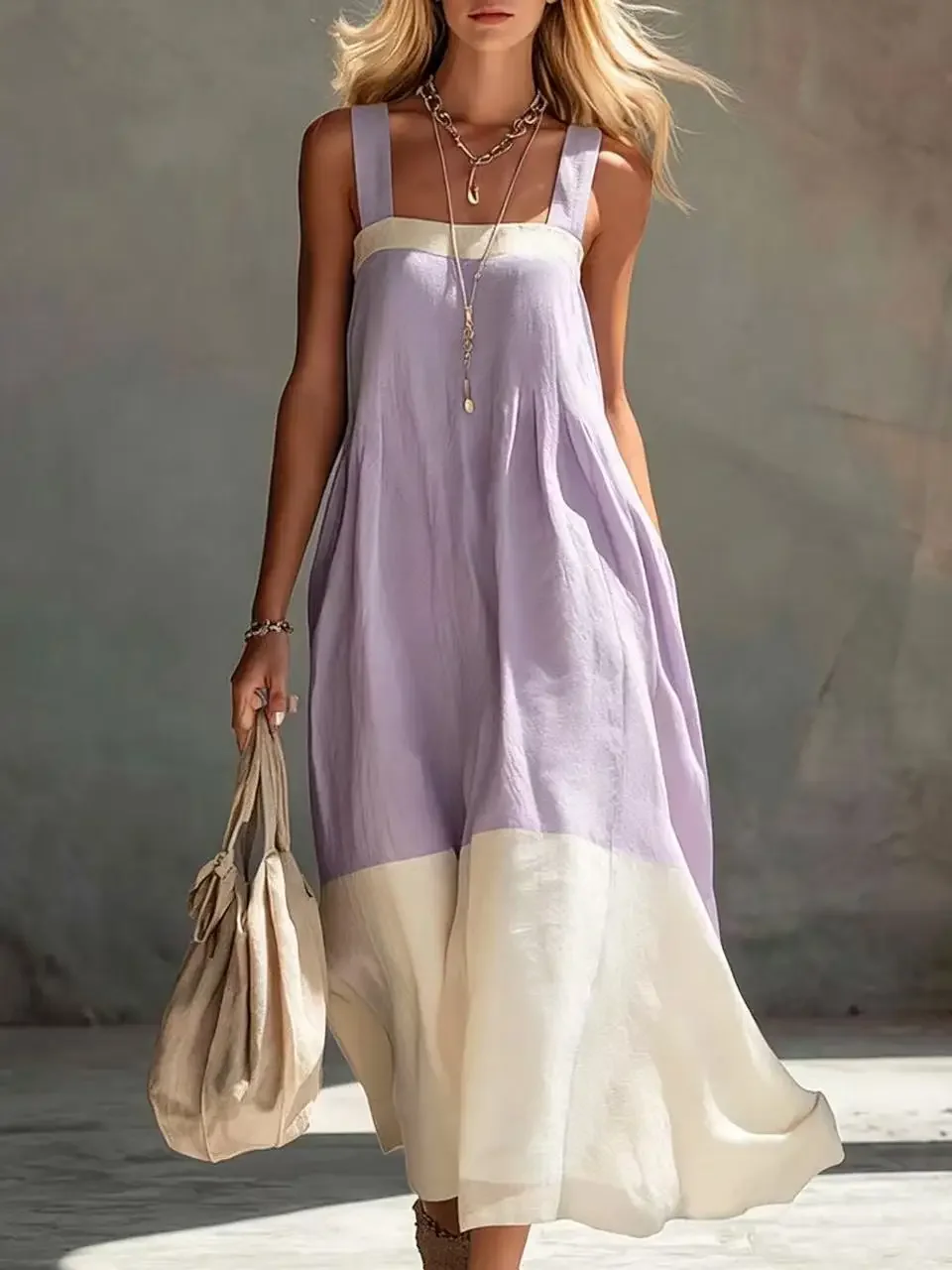 Women Color Block Sleeveless Maxi Dress Spaghetti Strap Loose Flowy Tiered Casual Sundress for Beach Vacation and Resort Wear