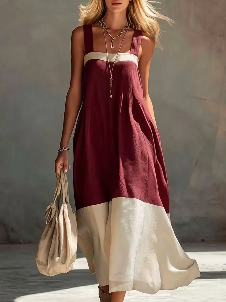Women Color Block Sleeveless Maxi Dress Spaghetti Strap Loose Flowy Tiered Casual Sundress for Beach Vacation and Resort Wear