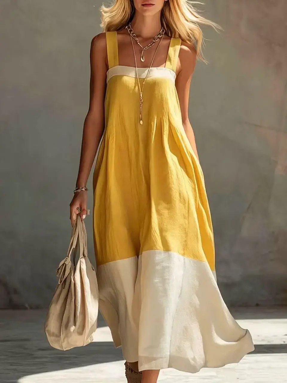 Women Color Block Sleeveless Maxi Dress Spaghetti Strap Loose Flowy Tiered Casual Sundress for Beach Vacation and Resort Wear