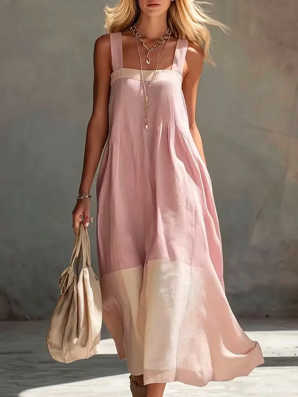 Women Color Block Sleeveless Maxi Dress Spaghetti Strap Loose Flowy Tiered Casual Sundress for Beach Vacation and Resort Wear